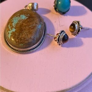 Turquoise Stone Pendant and tiger eye Earrings Set .925
